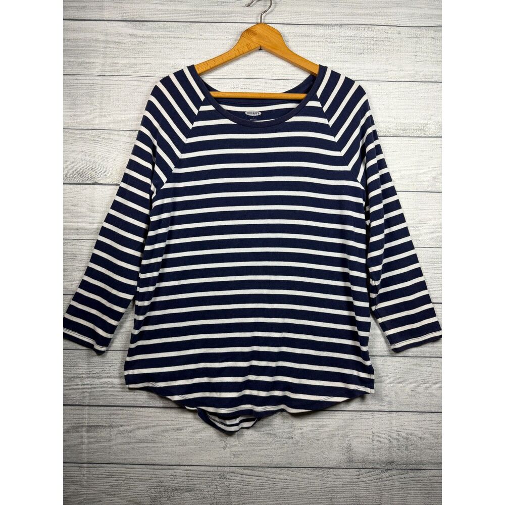 Old Navy Women's Large Navy Blue White Striped Raglan Sleeve Top 4821